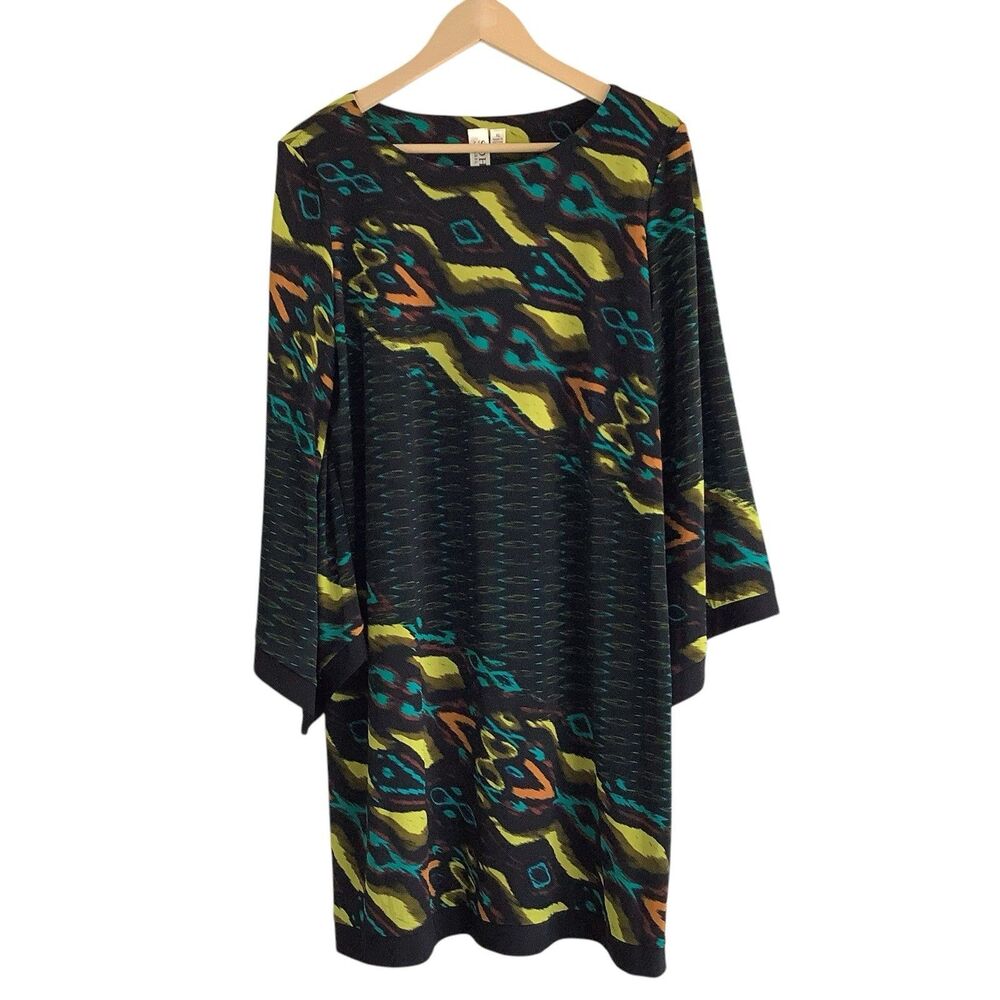 Soho Dress Geometric Print Flared Asymmetrical Sleeve Knee Length Women XL Artsy